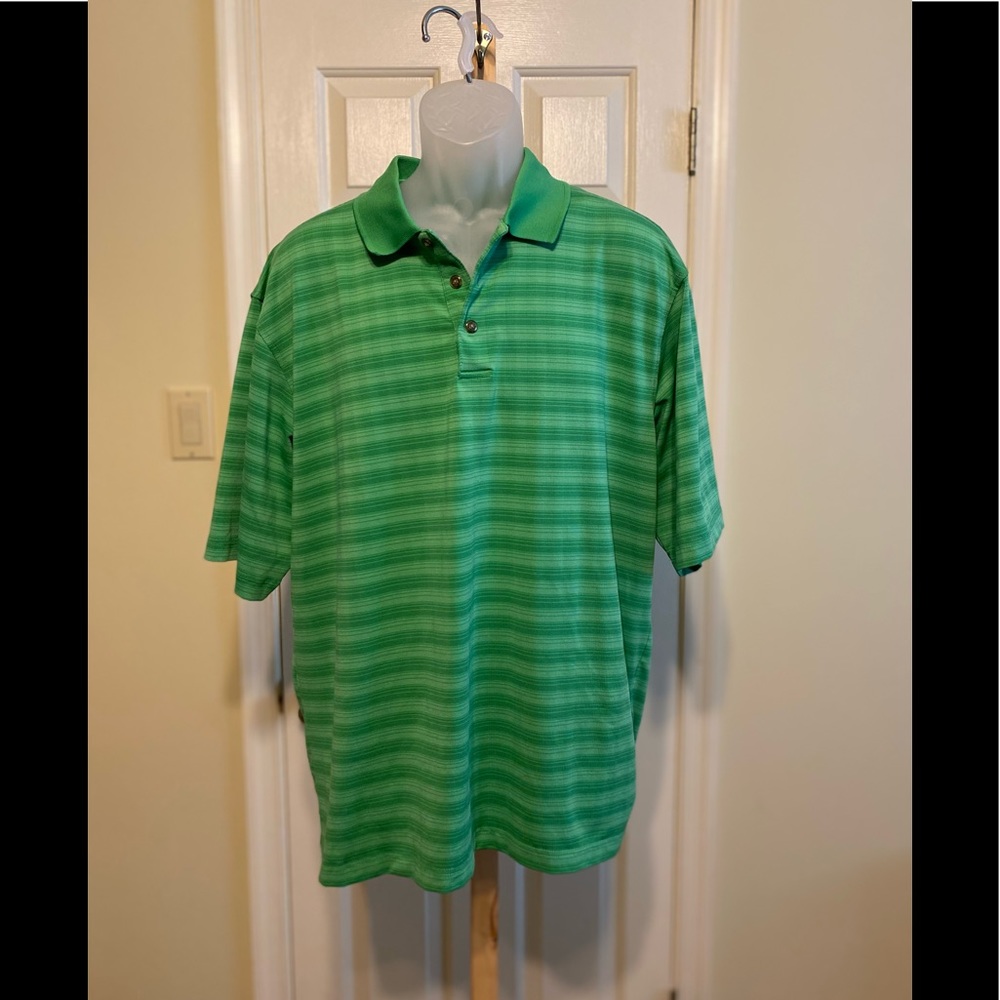 Pebble Beach - Mens green performance striped polo shirt, Size: XL
